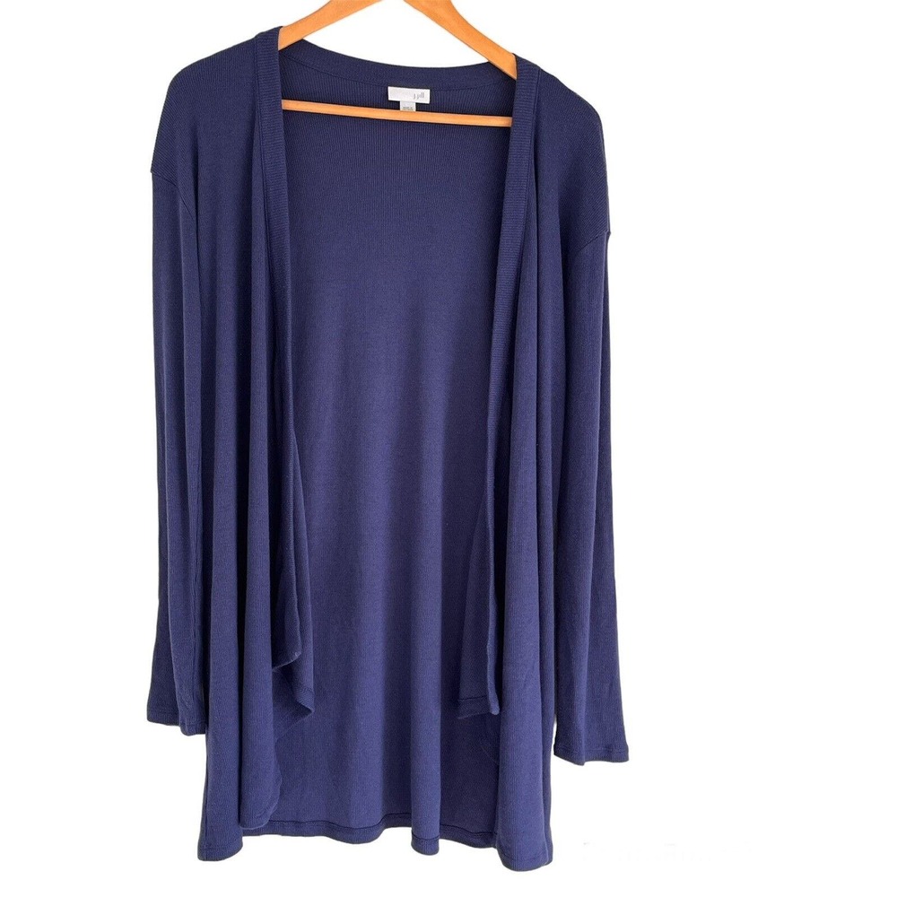 J Jill Large Sweater Open Front Cardigan Drapey Navy Blue Ribbed Knit Tunic Top